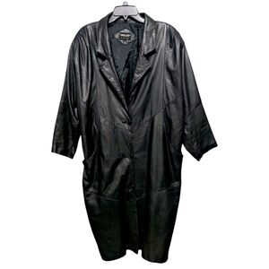 Pelle Vintage Black Leather 1980s Long Button Padded Jacket Women's Size Large